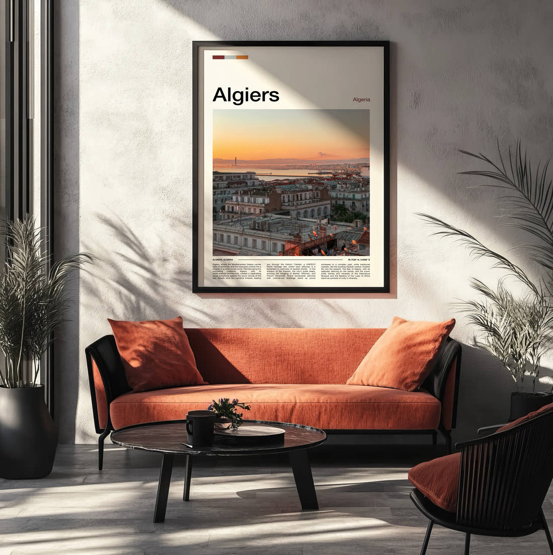 Algiers Rooftops And Harbour Travel Print framed on the wall of a modern living room