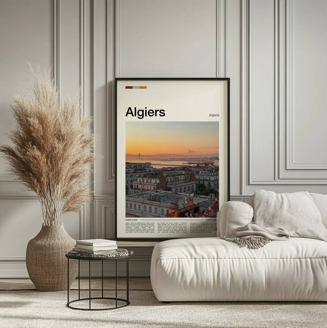 Algiers Rooftops And Harbour Travel Print framed on the wall of a calm, neutral bedroom