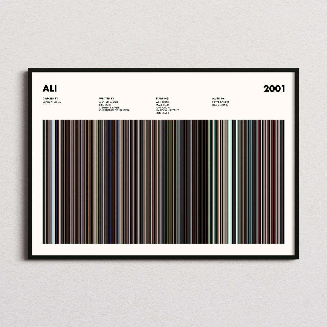 Ali Movie Barcode Poster framed and photographed straight on