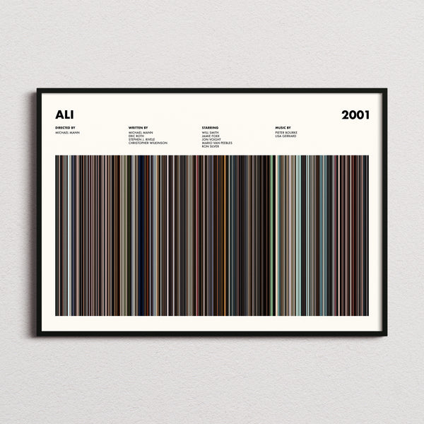 Ali Movie Barcode Poster framed and photographed straight on