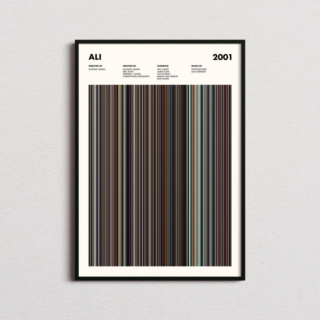 Ali Movie Barcode Poster framed on a plain studio wall