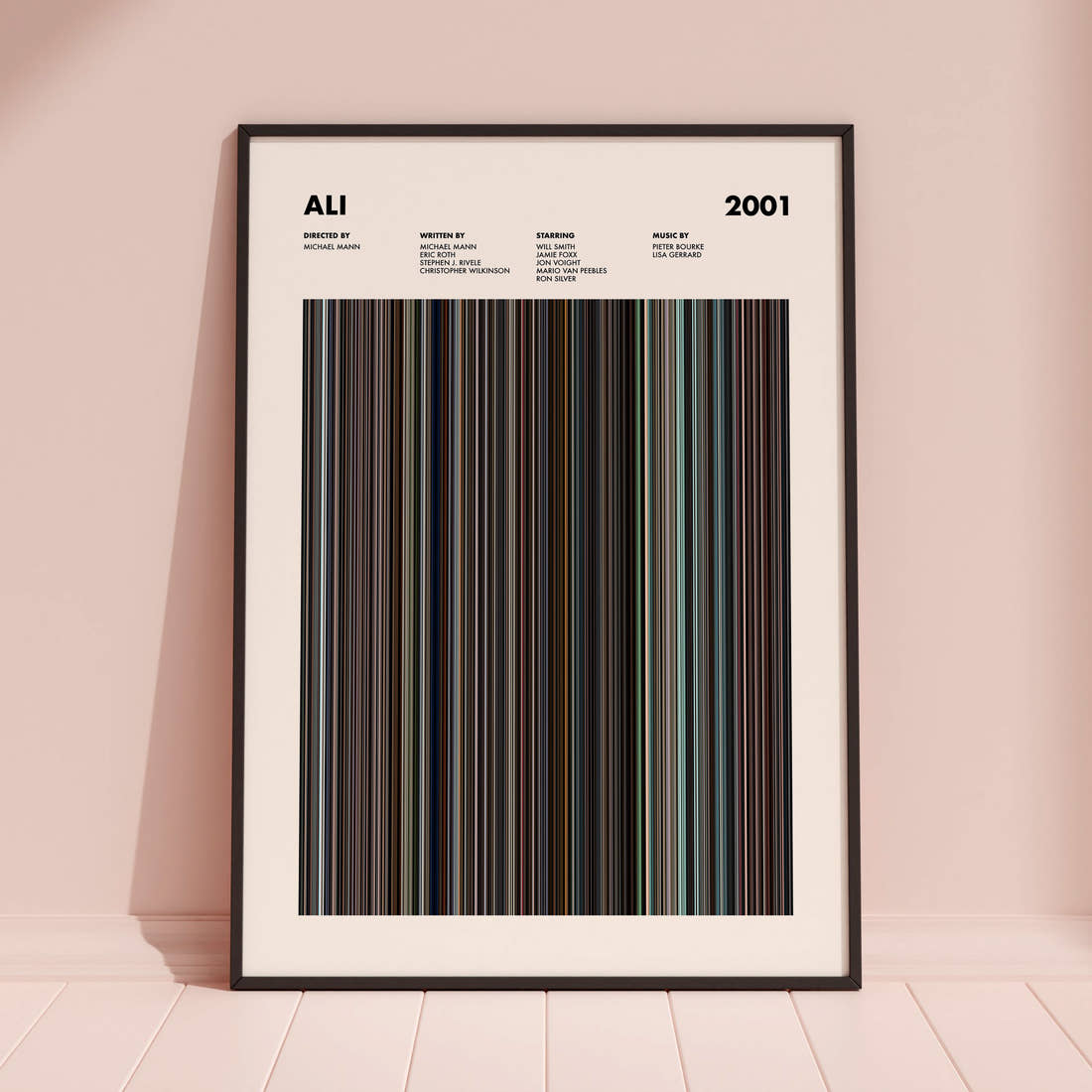 Ali Movie Barcode Poster framed and leaning against a coloured wall