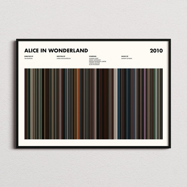Alice in Wonderland Movie Barcode Poster framed and photographed straight on