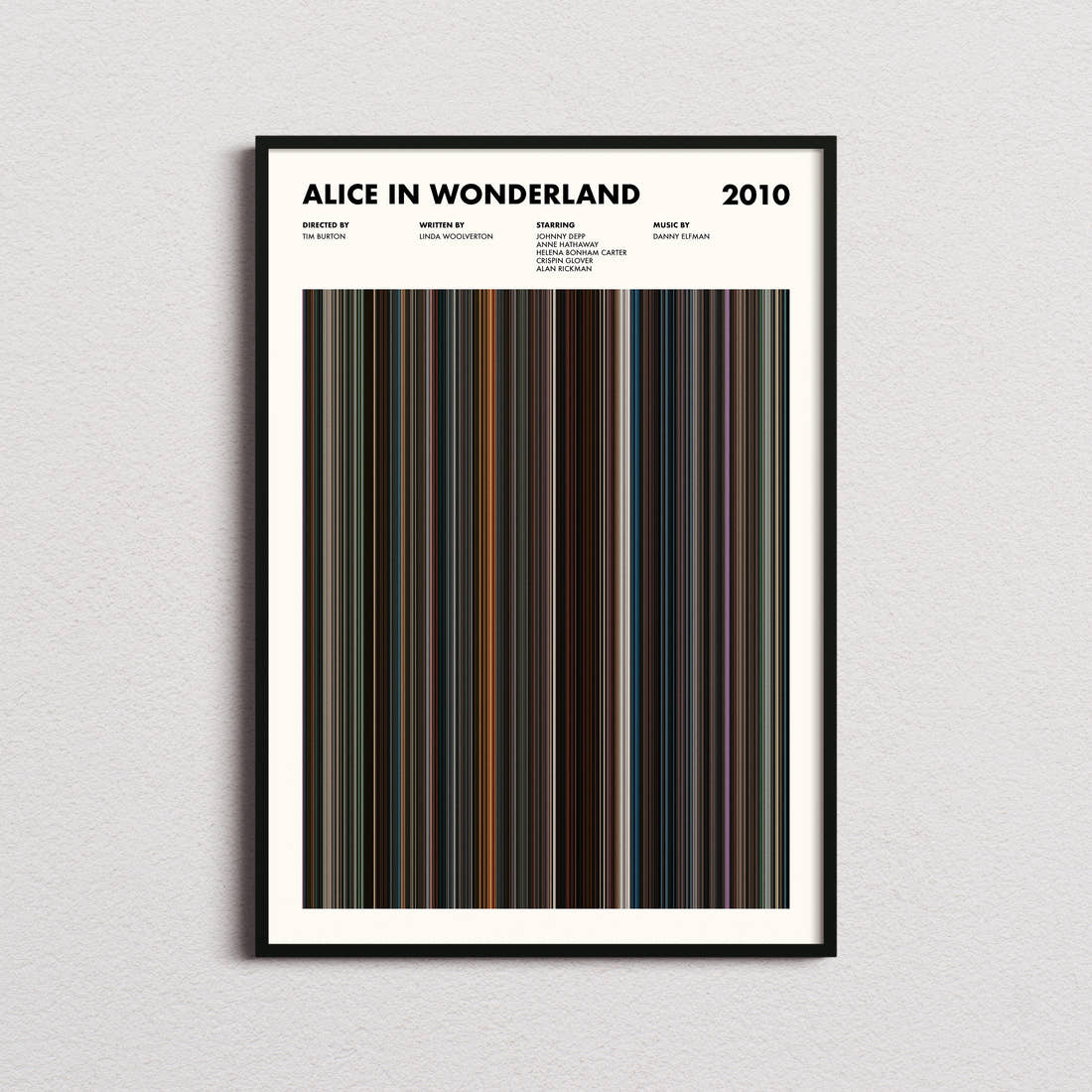 Alice in Wonderland Movie Barcode Poster framed on a plain studio wall