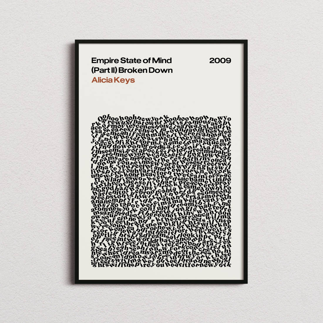 Alicia Keys Empire State of Mind (Part II) Broken Down Lyric Print in the cream colourway, framed