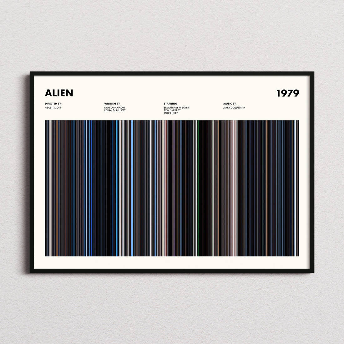 Alien Movie Barcode Poster framed and photographed straight on