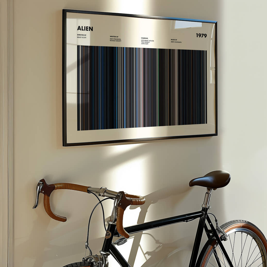 Alien Movie Barcode Poster framed on the wall of a styled room setting