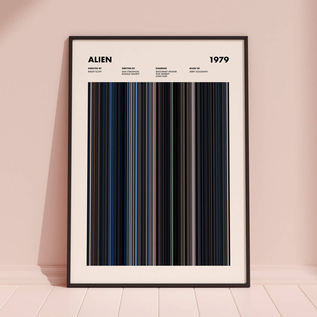 Alien Movie Barcode Poster framed and leaning against a coloured wall