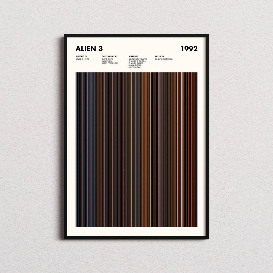 Alien 3 Movie Barcode Poster framed on a plain studio wall