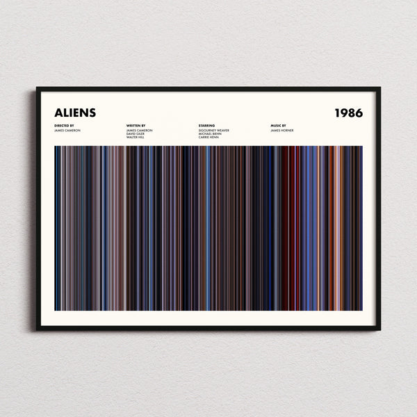 Aliens Movie Barcode Poster framed and photographed straight on