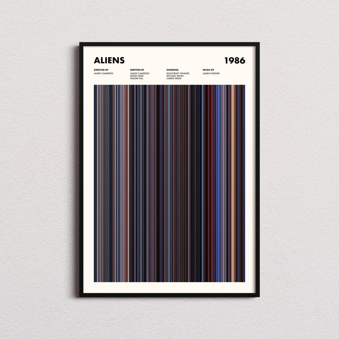 Aliens Movie Barcode Poster framed on a plain studio wall
