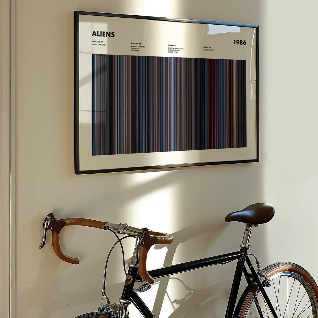 Aliens Movie Barcode Poster framed on the wall of a styled room setting
