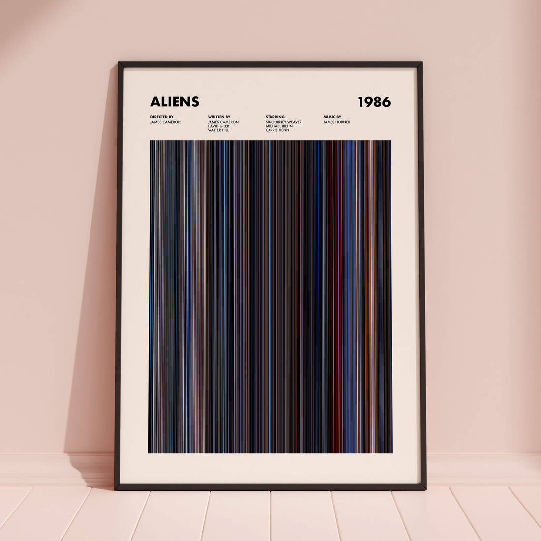 Aliens Movie Barcode Poster framed and leaning against a coloured wall