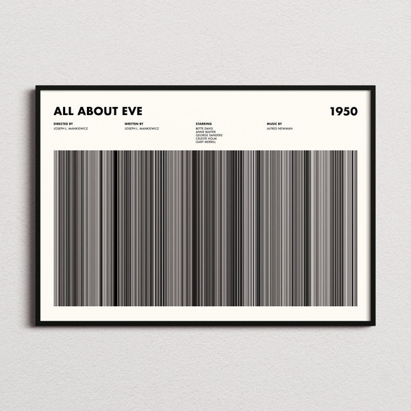 All About Eve Movie Barcode Poster framed and photographed straight on