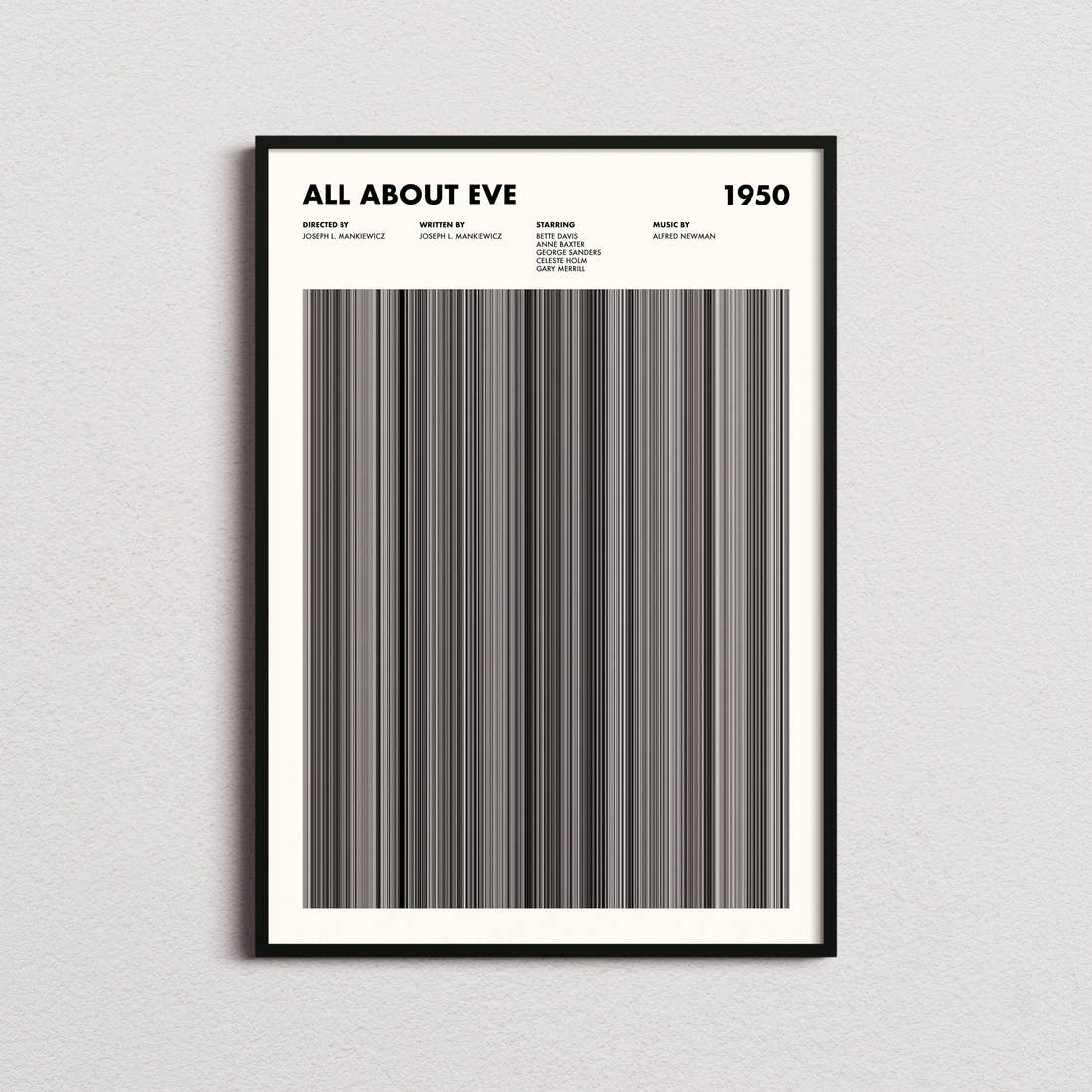 All About Eve Movie Barcode Poster framed on a plain studio wall