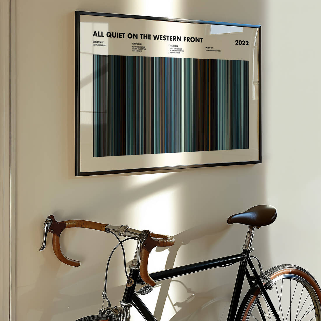 All Quiet on the Western Front Movie Barcode Poster framed on the wall of a styled room setting