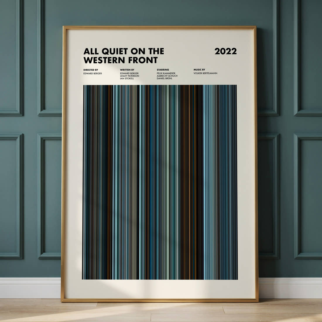 All Quiet on the Western Front Movie Barcode Poster framed and leaning against a panelled wall