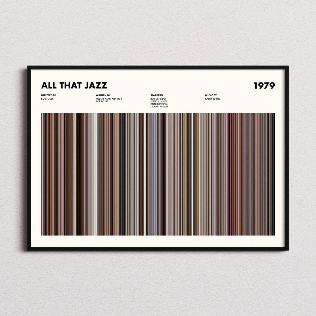 All That Jazz Movie Barcode Poster framed and photographed straight on