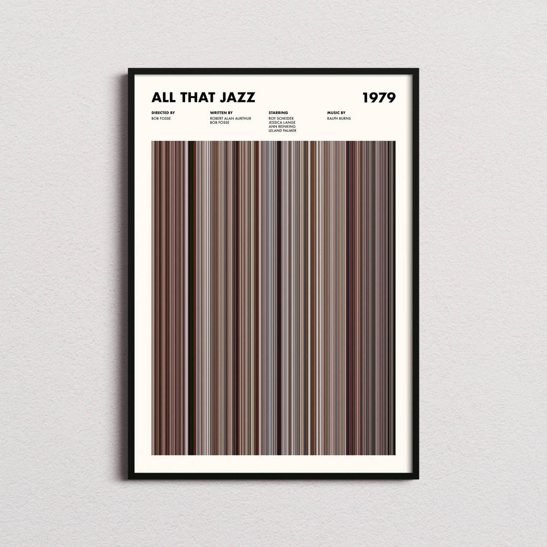 All That Jazz Movie Barcode Poster framed on a plain studio wall