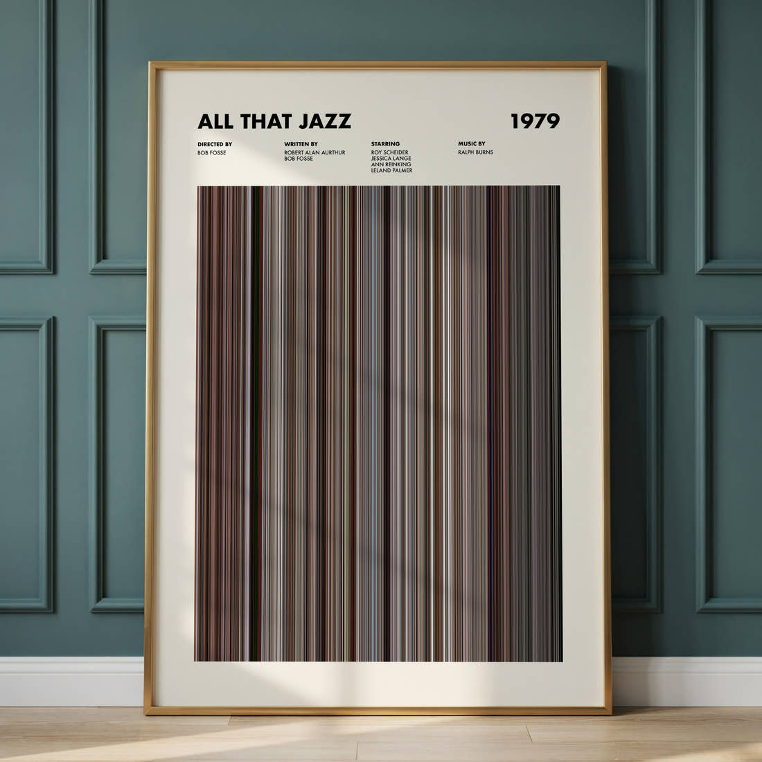 All That Jazz Movie Barcode Poster framed and leaning against a panelled wall