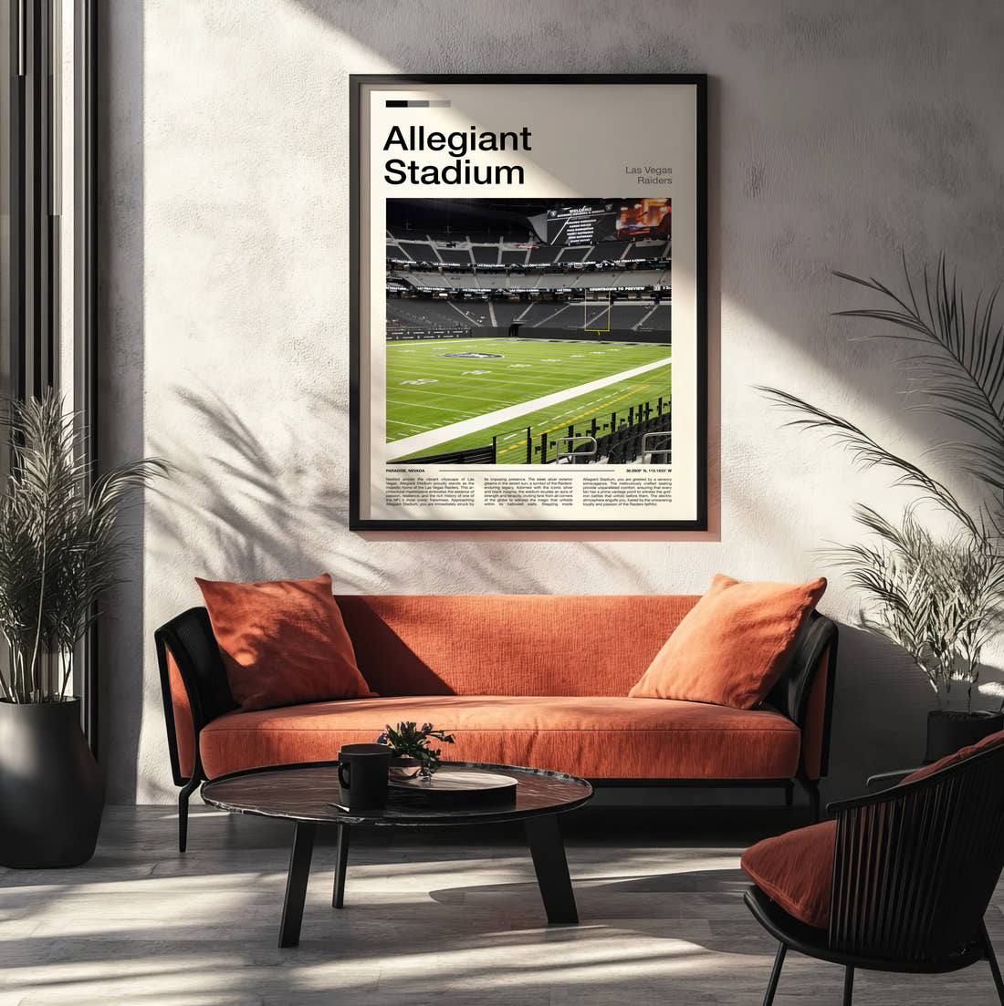 Allegiant Stadium Print framed on the wall of a modern living room