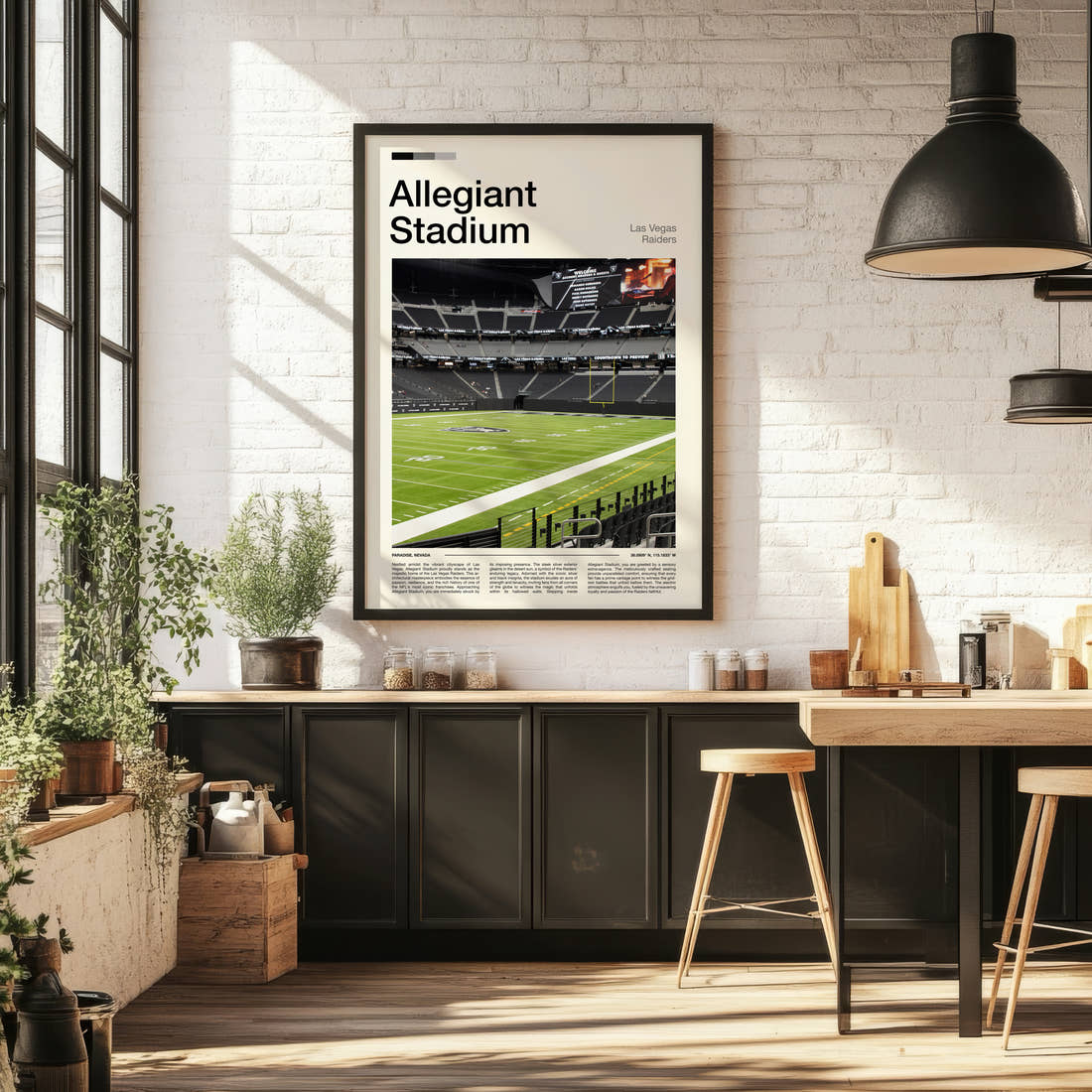 Allegiant Stadium Print framed on the wall of a bright kitchen and dining space
