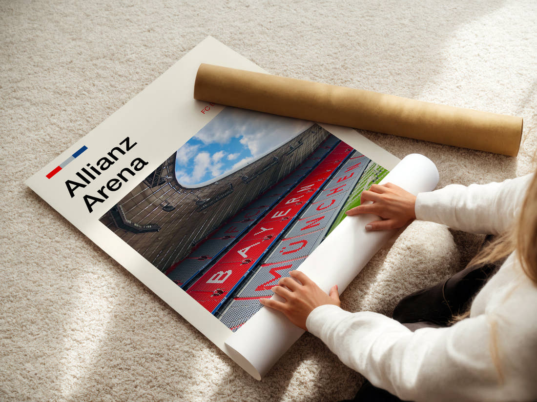 Allianz Arena Print being unrolled from its postal tube