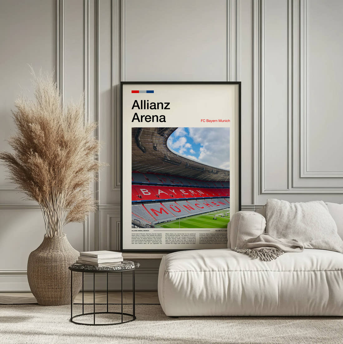 Allianz Arena Print framed on the wall of a calm, neutral bedroom