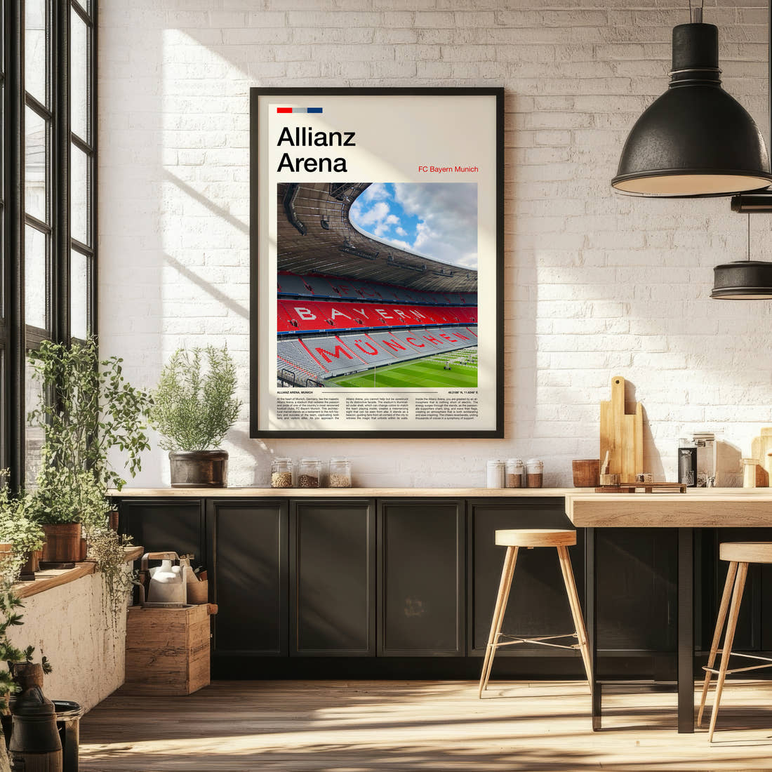 Allianz Arena Print framed on the wall of a bright kitchen and dining space