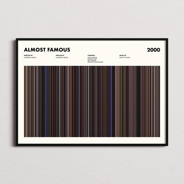 Almost Famous Movie Barcode Poster framed and photographed straight on