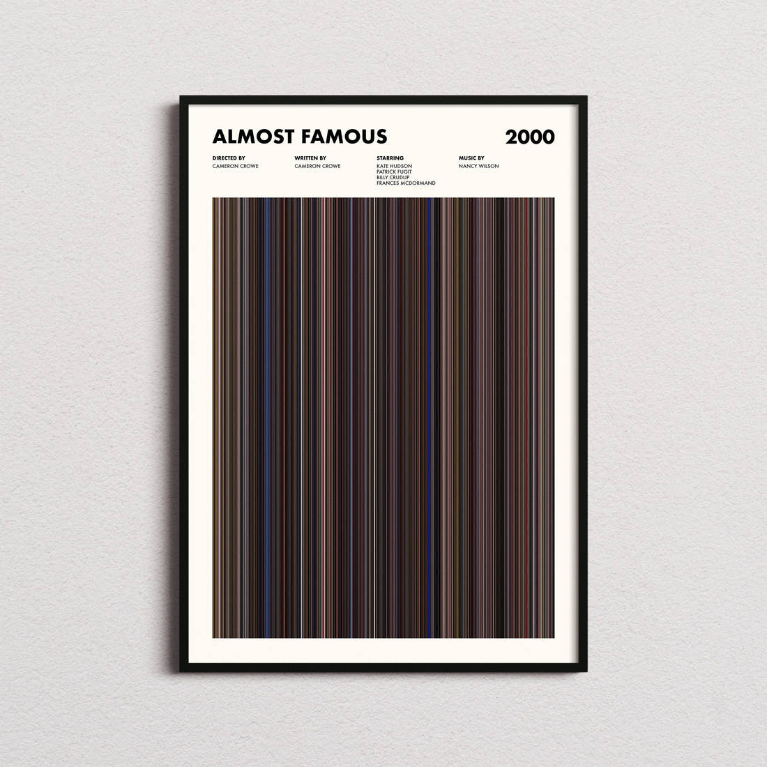 Almost Famous Movie Barcode Poster framed on a plain studio wall