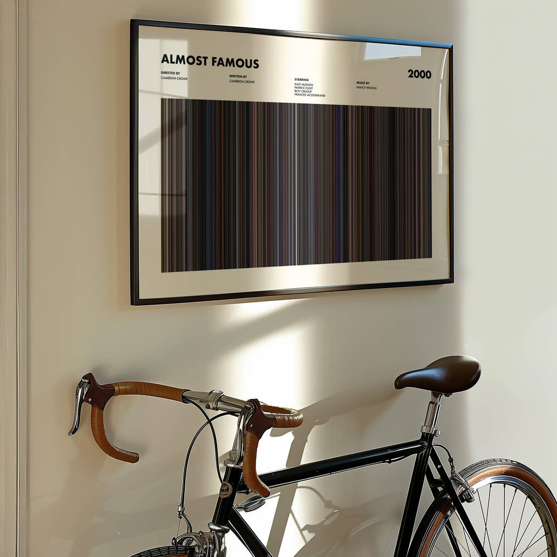 Almost Famous Movie Barcode Poster framed on the wall of a styled room setting