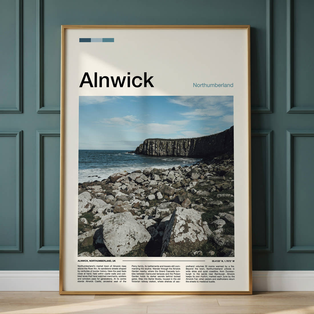 Alnwick Rocky Coastal Cliffs Travel Print framed on the wall of a calm, neutral bedroom