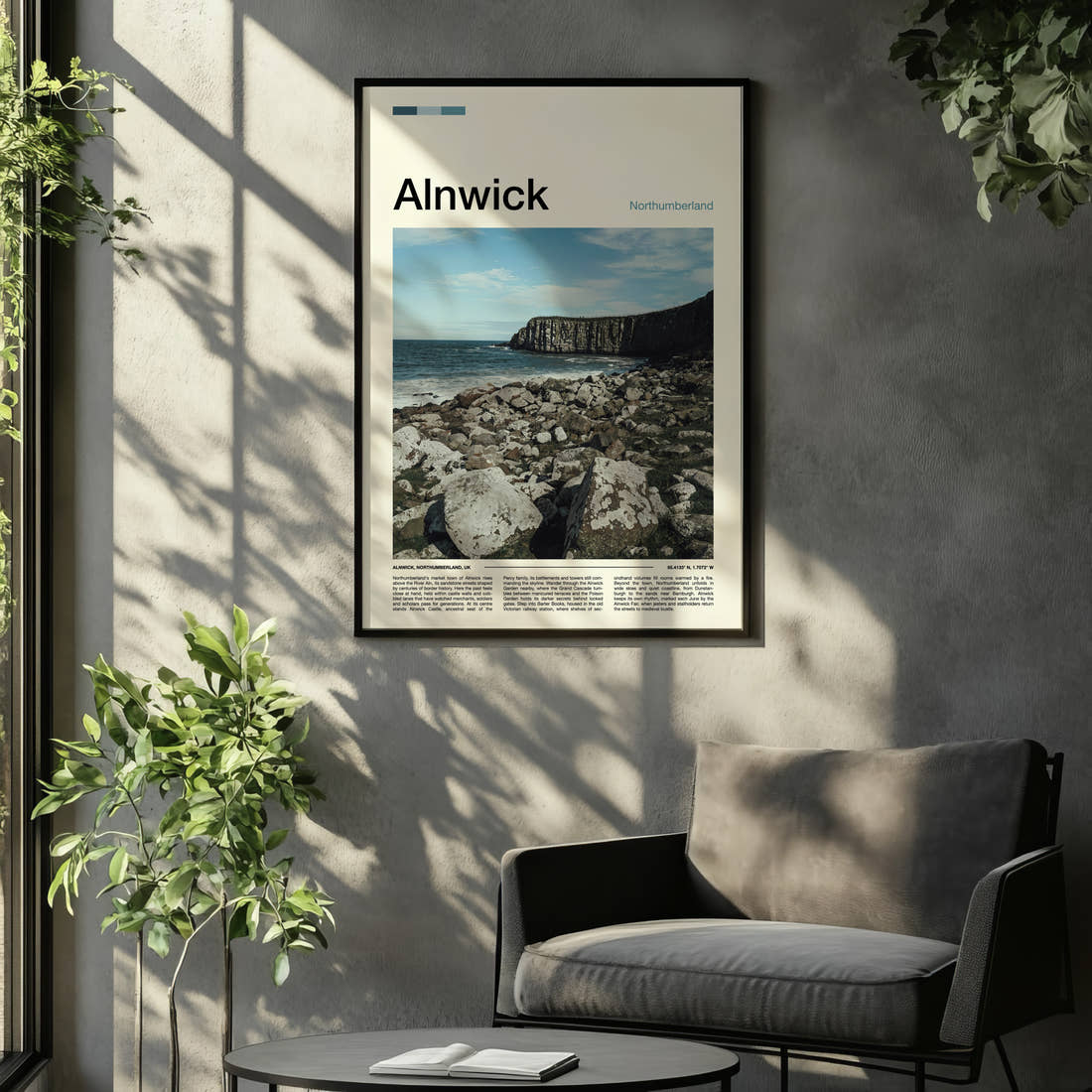 Alnwick Rocky Coastal Cliffs Travel Print framed on the wall of a relaxed living room