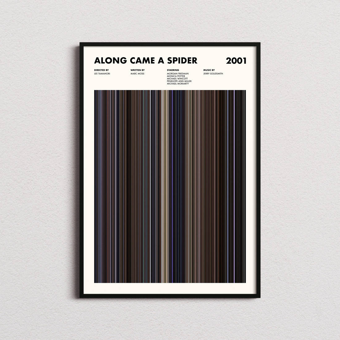 Along Came a Spider Movie Barcode Poster framed on a plain studio wall