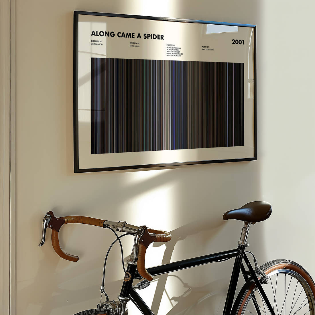 Along Came a Spider Movie Barcode Poster framed on the wall of a styled room setting
