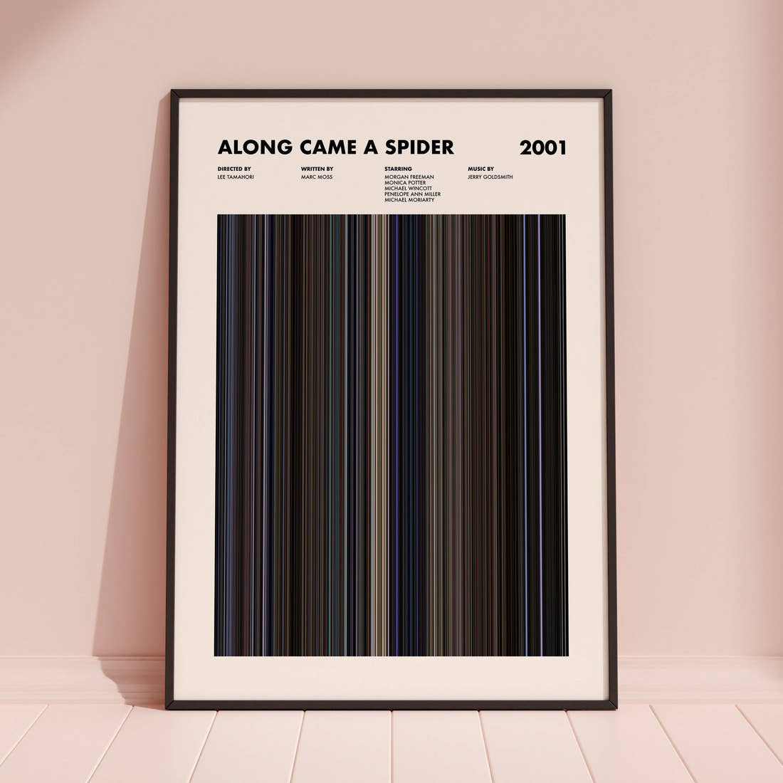 Along Came a Spider Movie Barcode Poster framed and leaning against a coloured wall