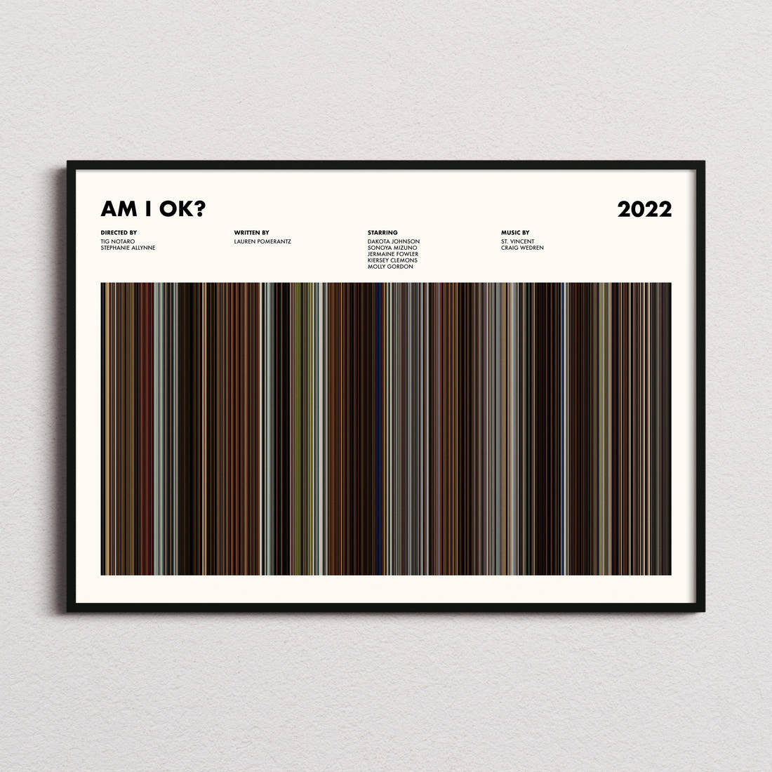Am I OK? Movie Barcode Poster framed and photographed straight on