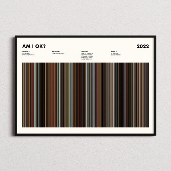 Am I OK? Movie Barcode Poster framed and photographed straight on