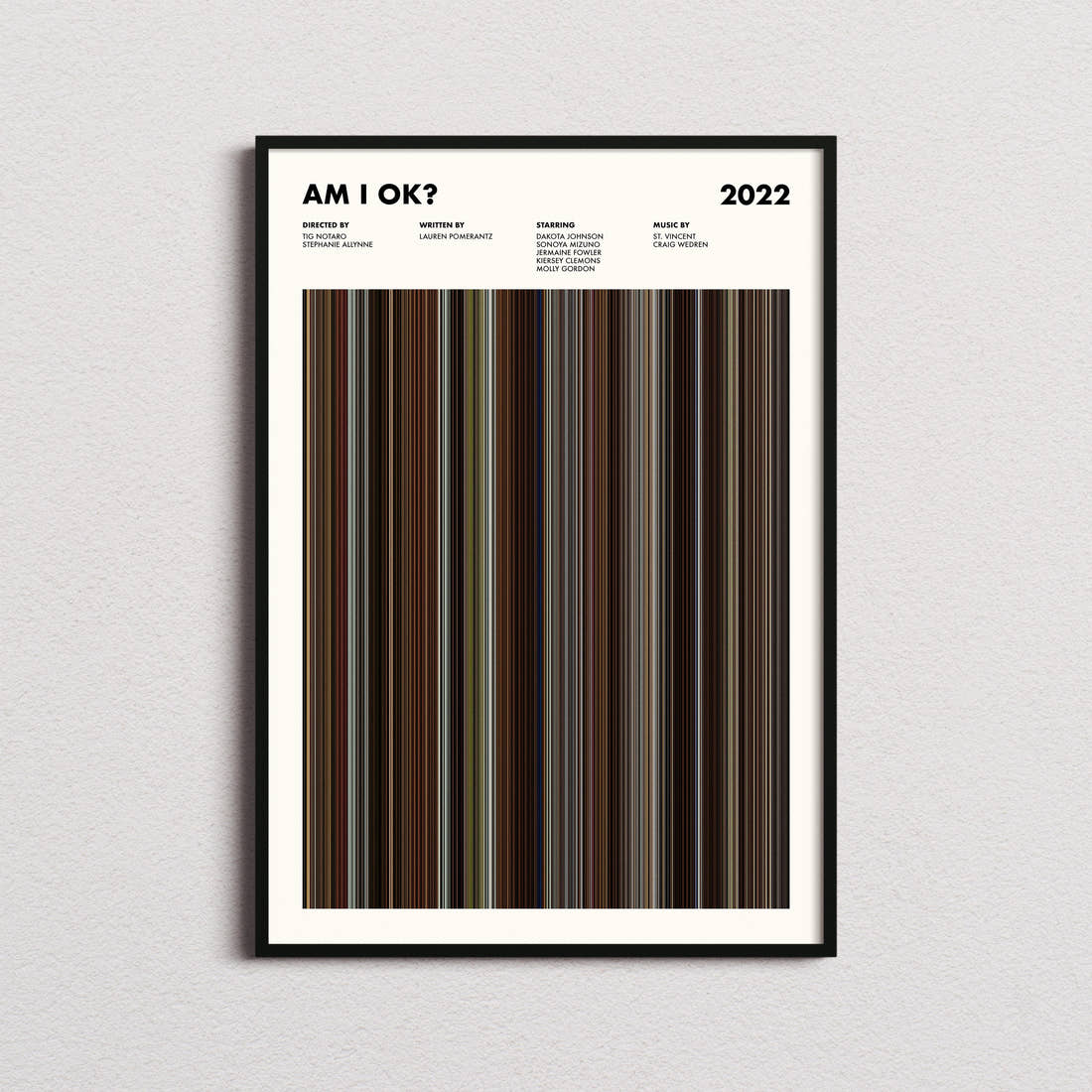 Am I OK? Movie Barcode Poster framed on a plain studio wall