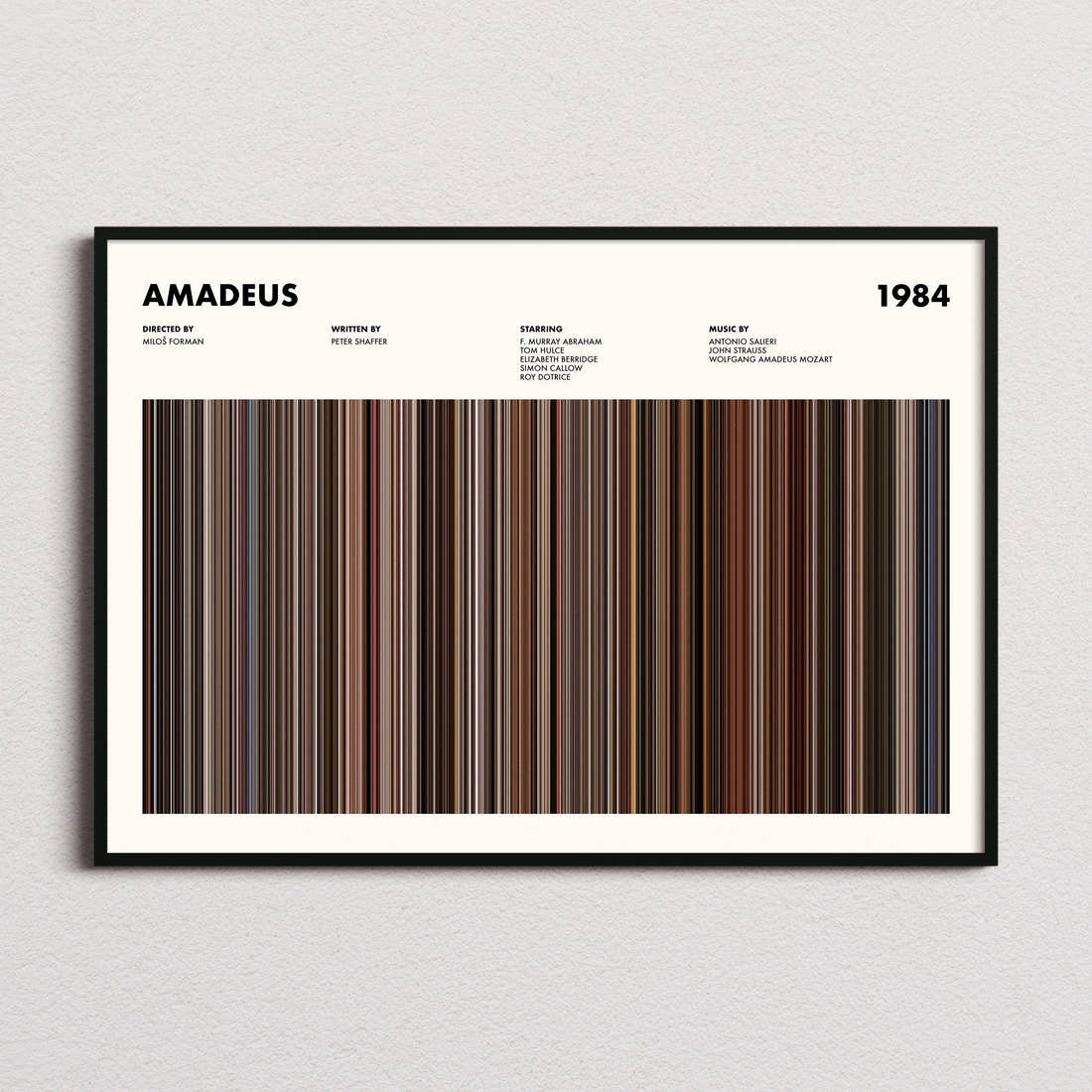 Amadeus Movie Barcode Poster framed and photographed straight on