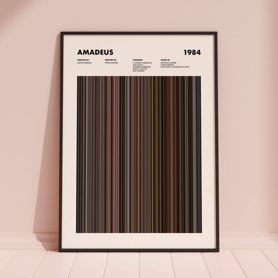 Amadeus Movie Barcode Poster framed and leaning against a coloured wall