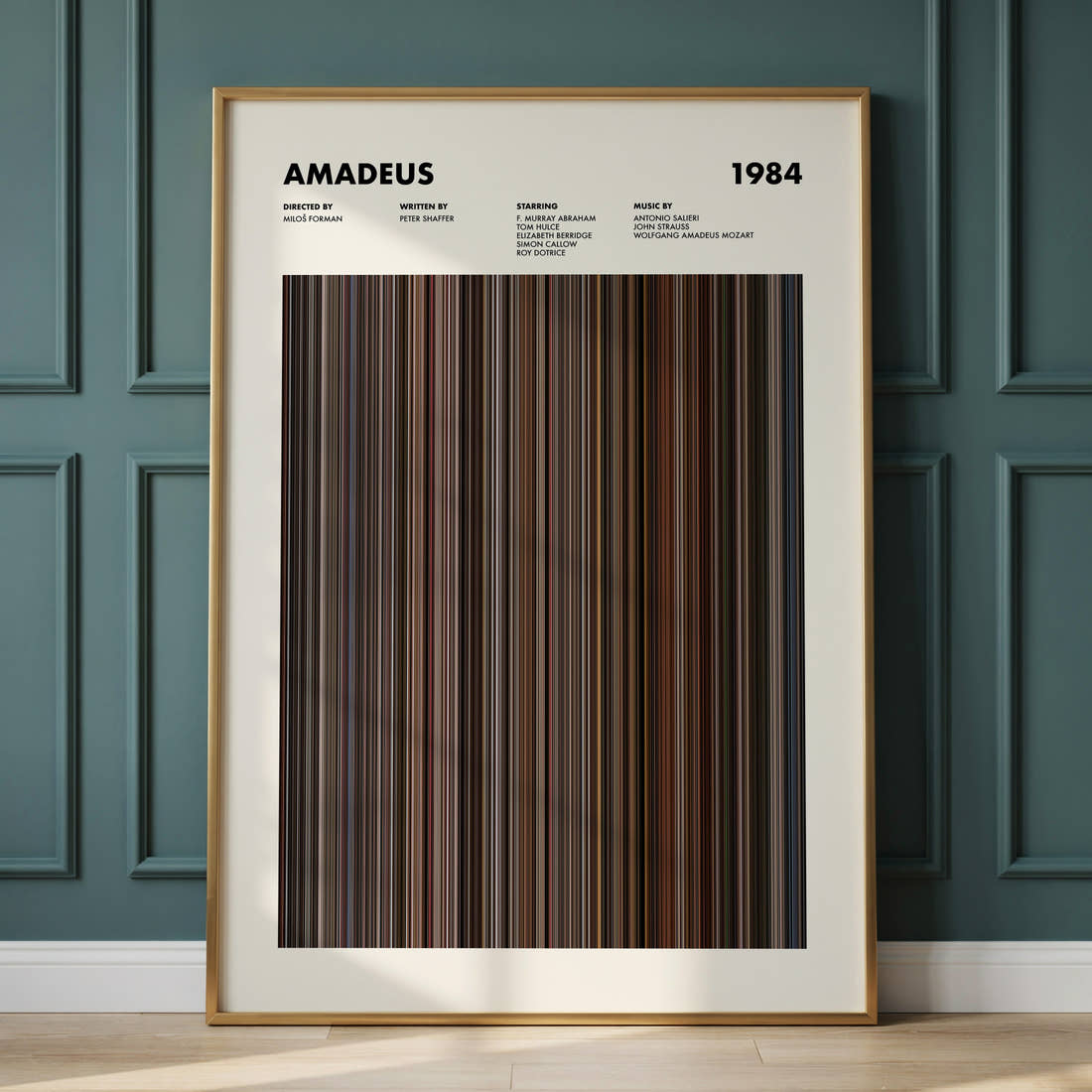 Amadeus Movie Barcode Poster framed and leaning against a panelled wall