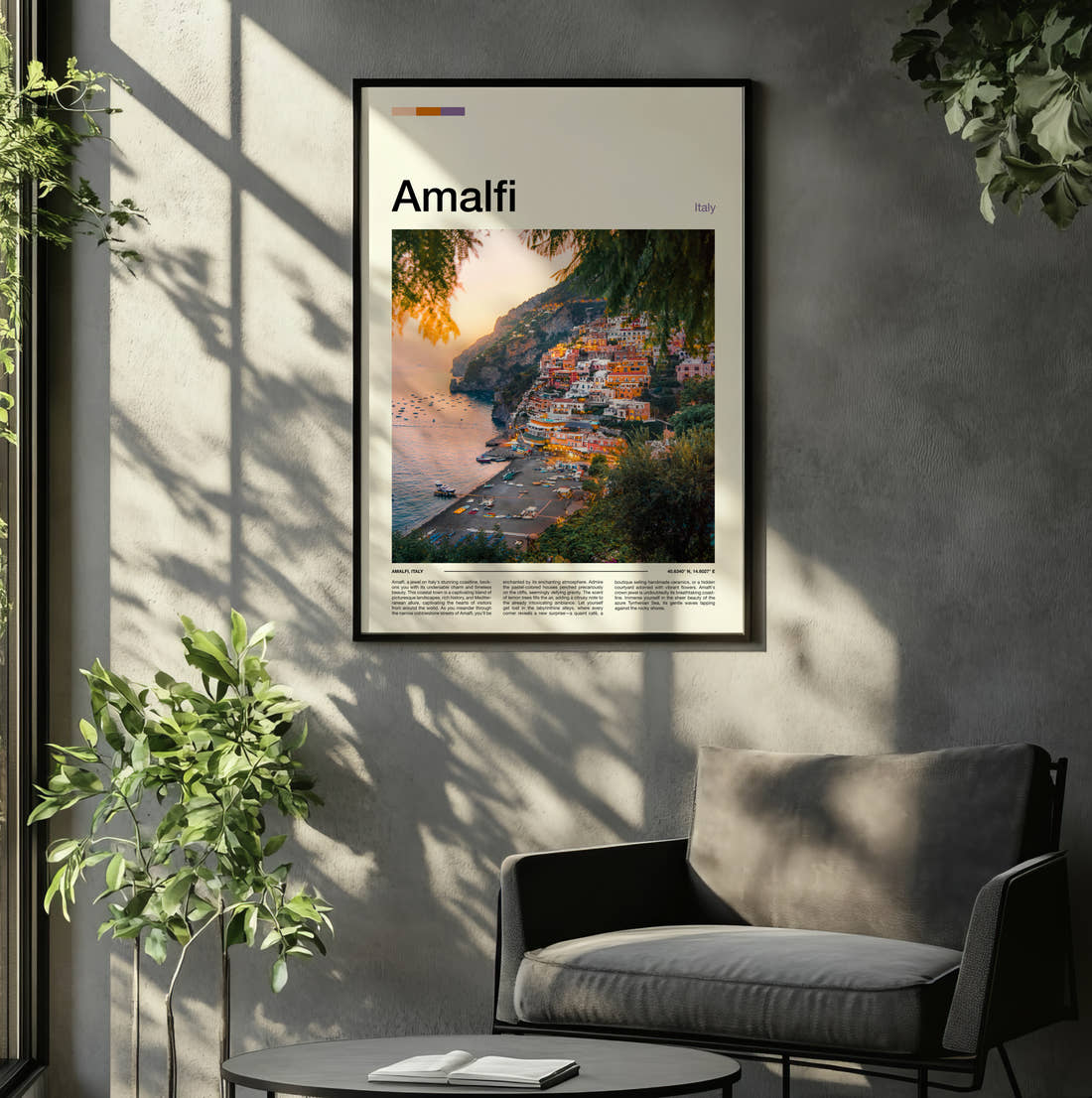 Amalfi Positano At Sunset Travel Print framed on the wall of a relaxed living room