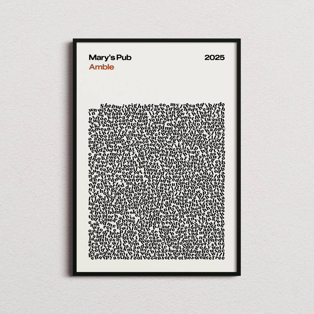 Amble Mary's Pub Lyric Print in the cream colourway, framed