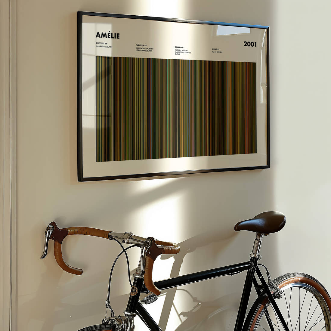 Amélie Movie Barcode Poster framed on the wall of a styled room setting