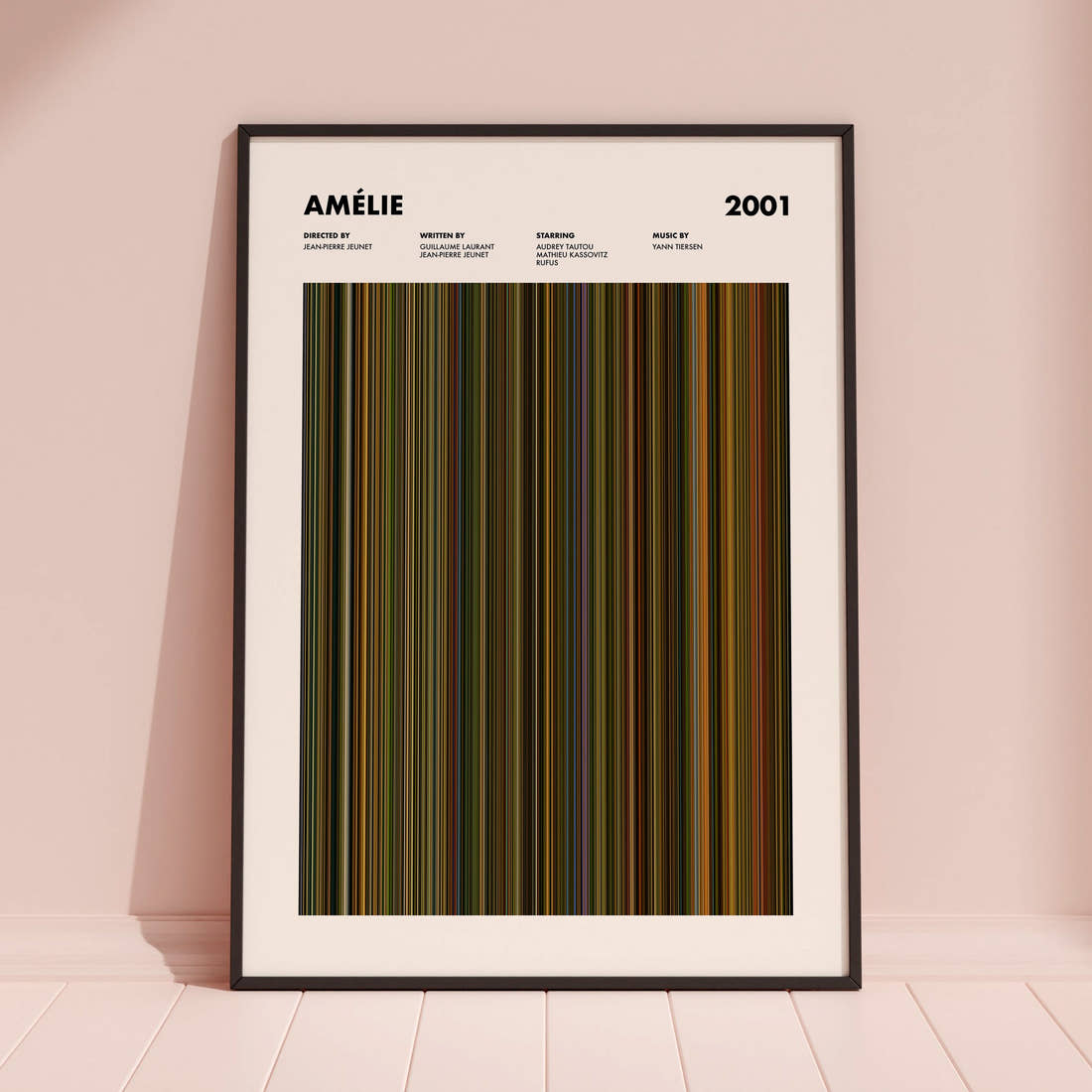 Amélie Movie Barcode Poster framed and leaning against a coloured wall