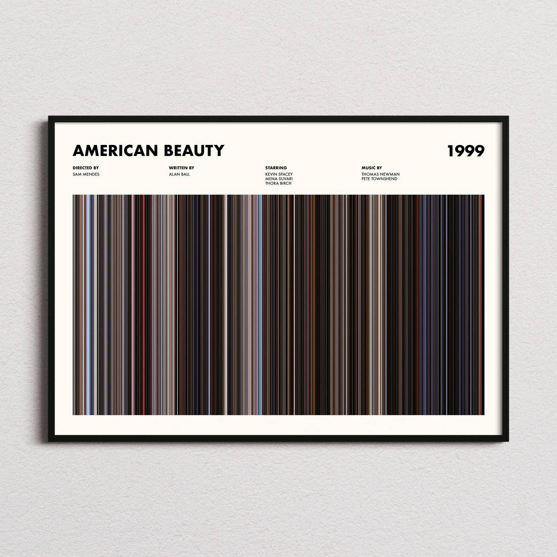 American Beauty Movie Barcode Poster framed and photographed straight on