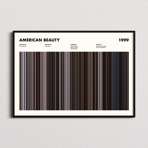 American Beauty Movie Barcode Poster framed and photographed straight on