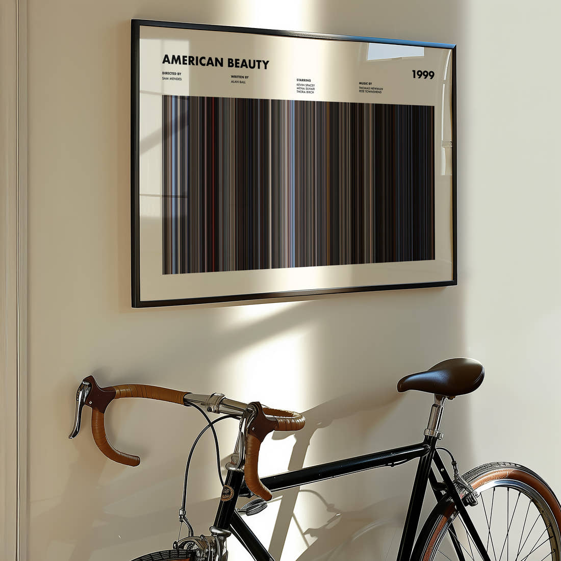 American Beauty Movie Barcode Poster framed on the wall of a styled room setting